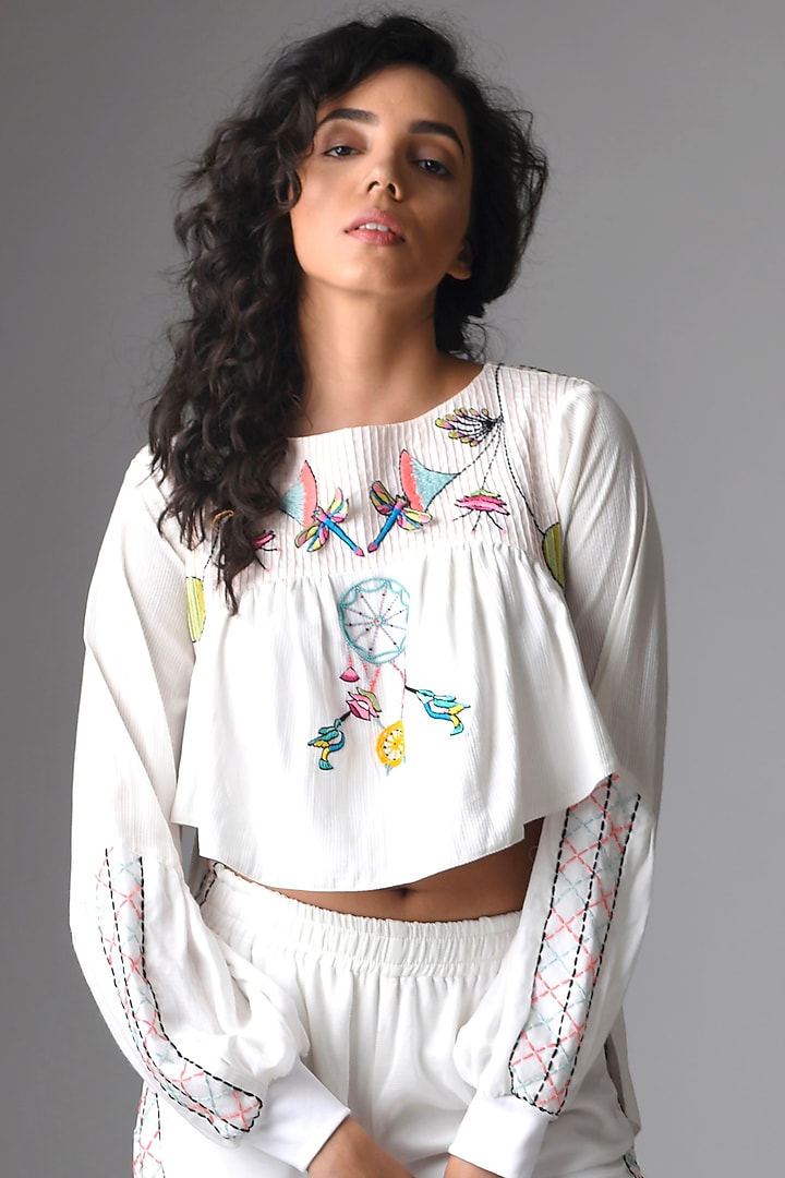 Off-White Hand Embroidered Pant Set by Pieux at Pernia's Pop Up Shop