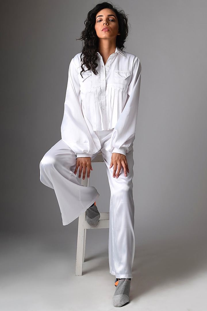 White Satin & Polyester High-Waisted Pant Set by Pieux