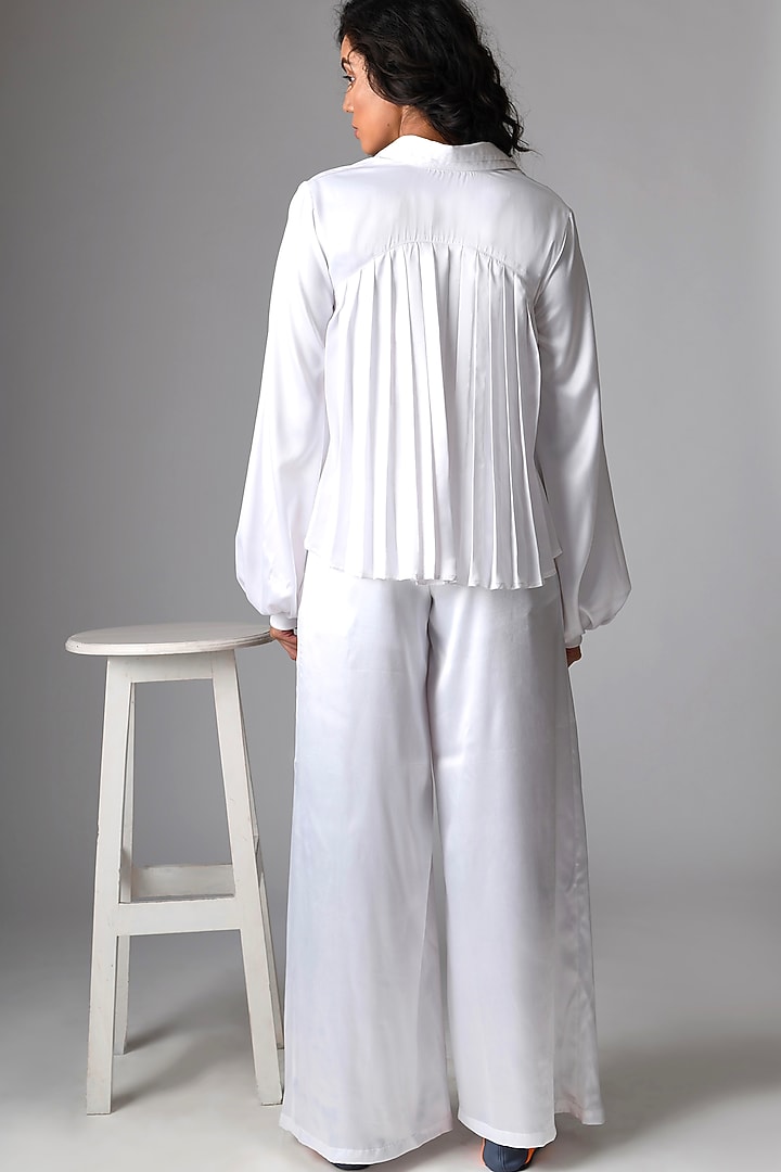 White Satin & Polyester High-Waisted Pant Set by Pieux at Pernia's Pop Up Shop