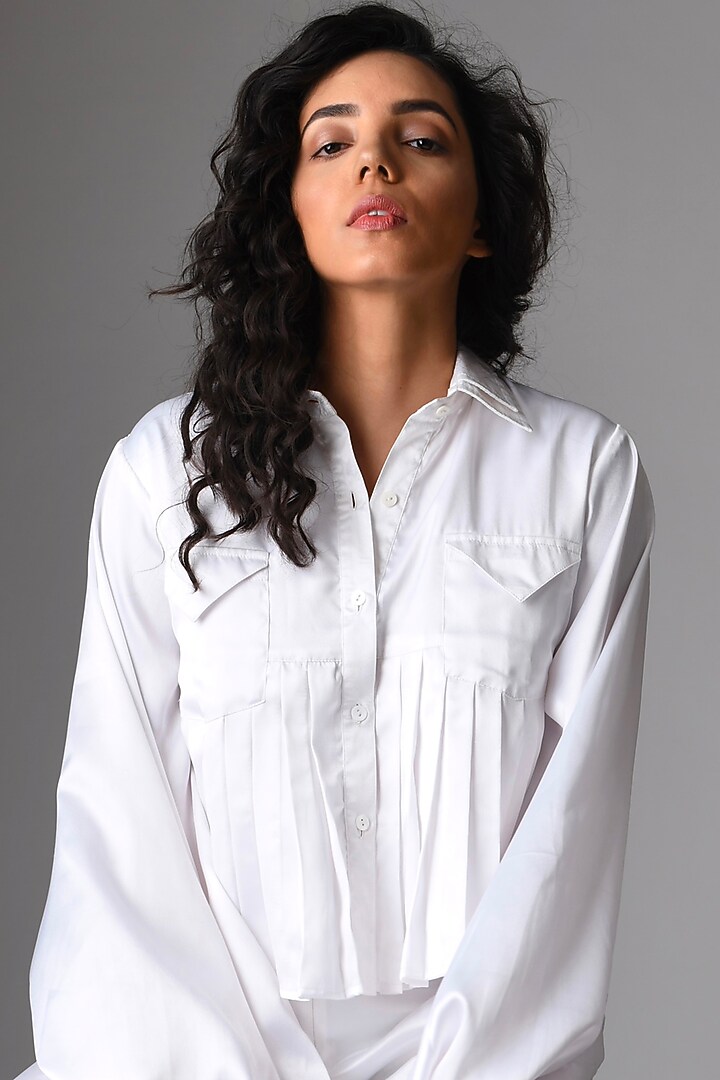White Satin & Polyester High-Waisted Pant Set by Pieux at Pernia's Pop Up Shop