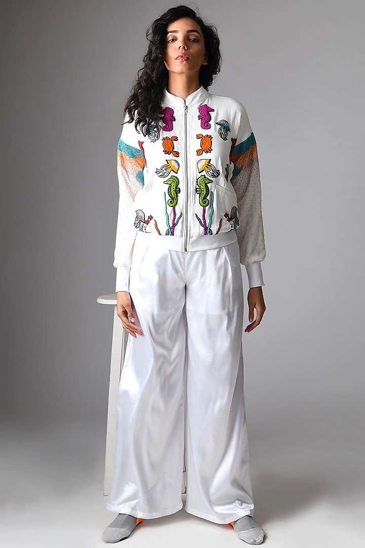 White Hand Embroidered Bomber Jacket by Pieux