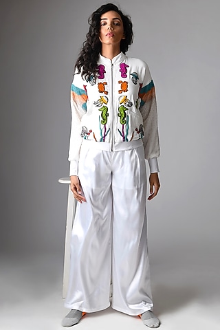 White Hand Embroidered Bomber Jacket by Pieux