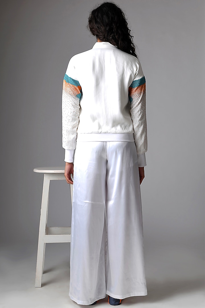 White Hand Embroidered Bomber Jacket by Pieux at Pernia's Pop Up Shop