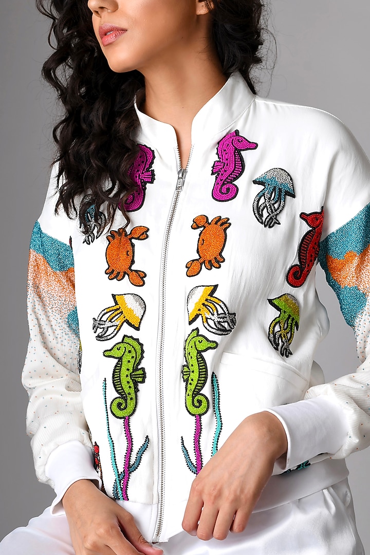 White Hand Embroidered Bomber Jacket by Pieux at Pernia's Pop Up Shop