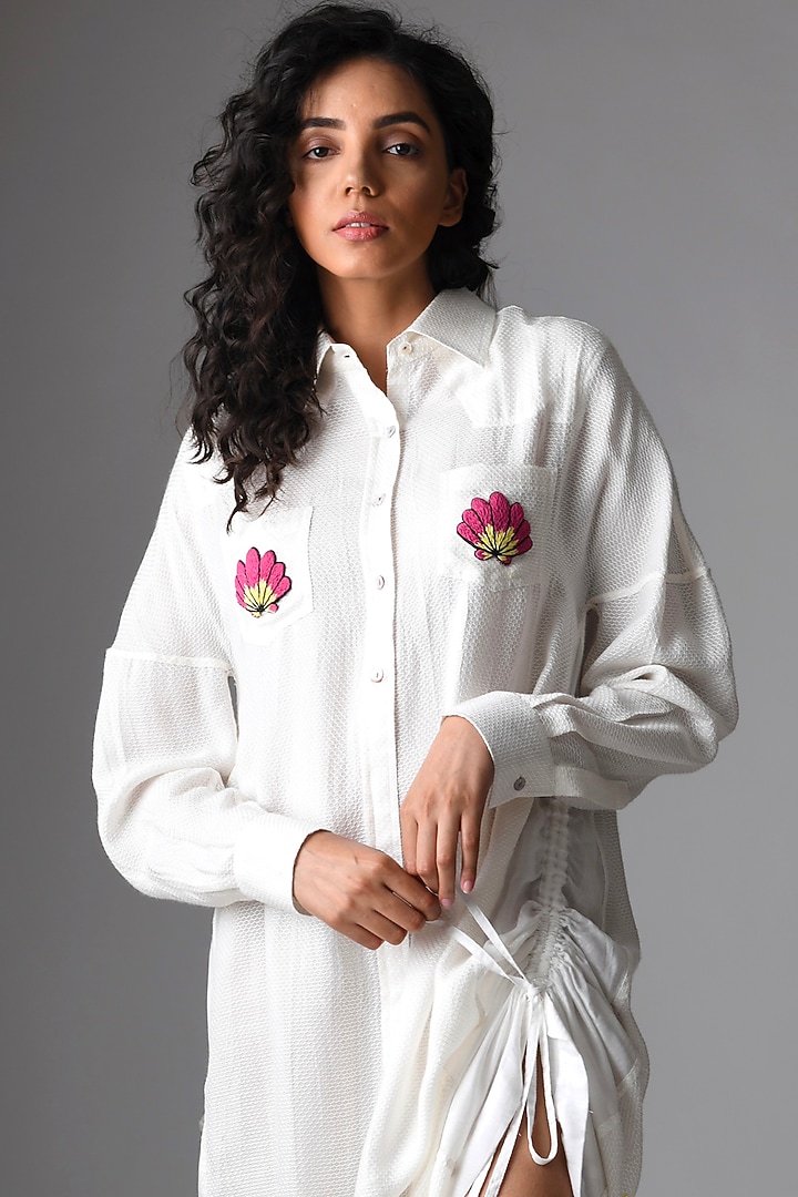 White Hand Embroidered Summer Shirt Dress by Pieux at Pernia's Pop Up Shop