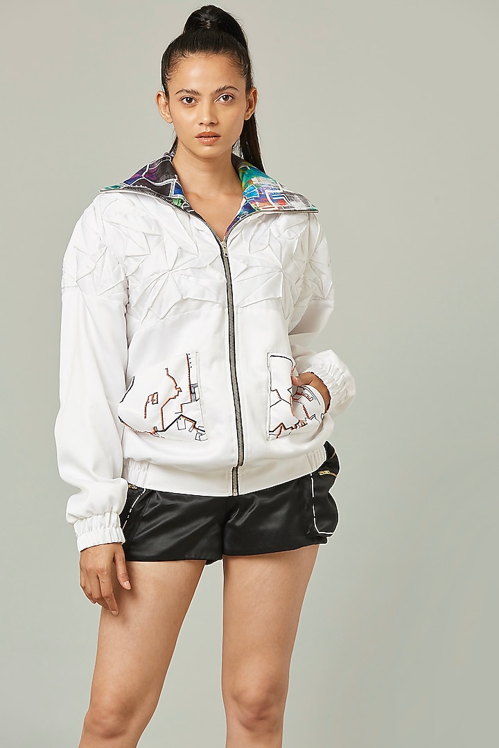 White Embroidered Bomber Jacket by Pieux