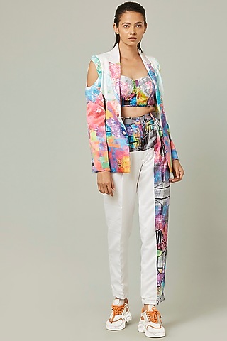 White Printed Blazer by Pieux