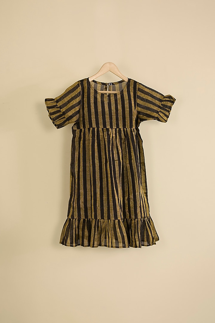 Black & Gold Handwoven Chanderi Stripe Dress For Girls by Pixie at Pernia's Pop Up Shop