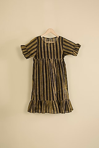 Black & Gold Handwoven Chanderi Stripe Dress For Girls by Pixie