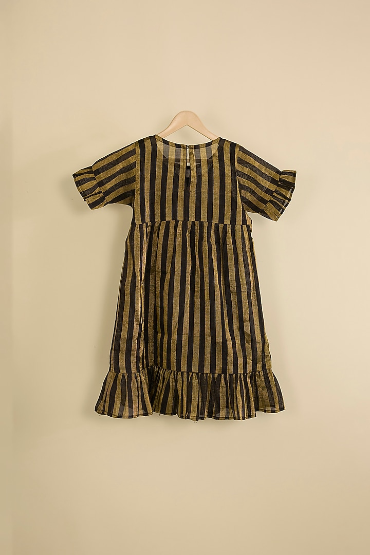 Black & Gold Handwoven Chanderi Stripe Dress For Girls by Pixie at Pernia's Pop Up Shop