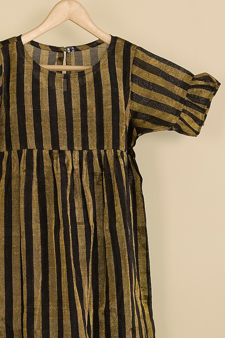 Black & Gold Handwoven Chanderi Stripe Dress For Girls by Pixie at Pernia's Pop Up Shop