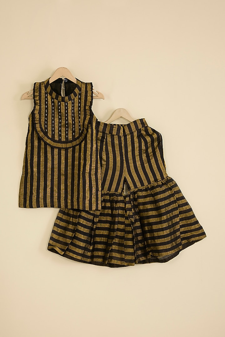 Black & Gold Handwoven Chanderi Stripe Sharara Set For Girls by Pixie at Pernia's Pop Up Shop
