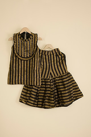 Black & Gold Handwoven Chanderi Stripe Sharara Set For Girls by Pixie