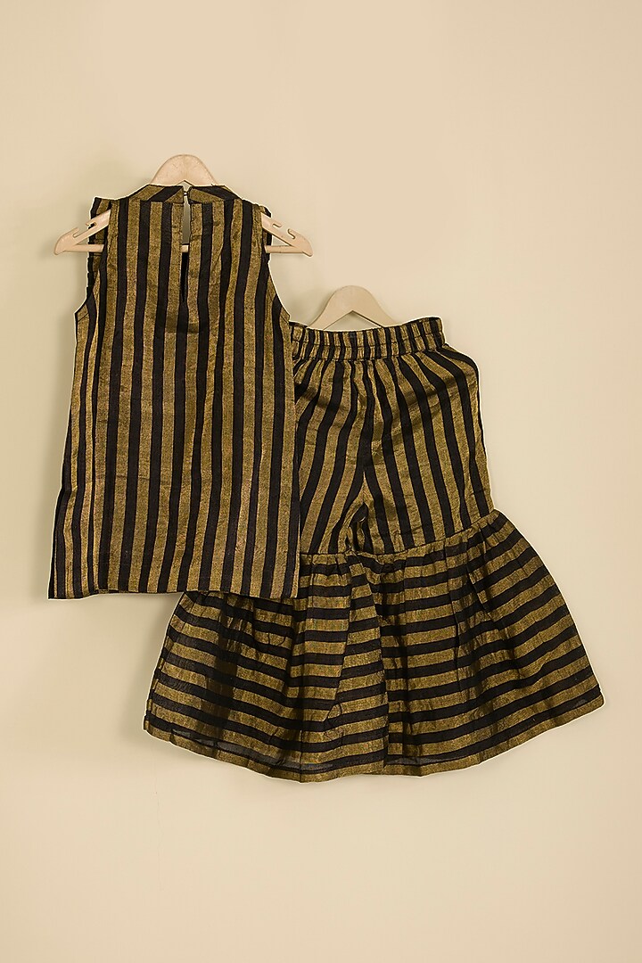 Black & Gold Handwoven Chanderi Stripe Sharara Set For Girls by Pixie at Pernia's Pop Up Shop