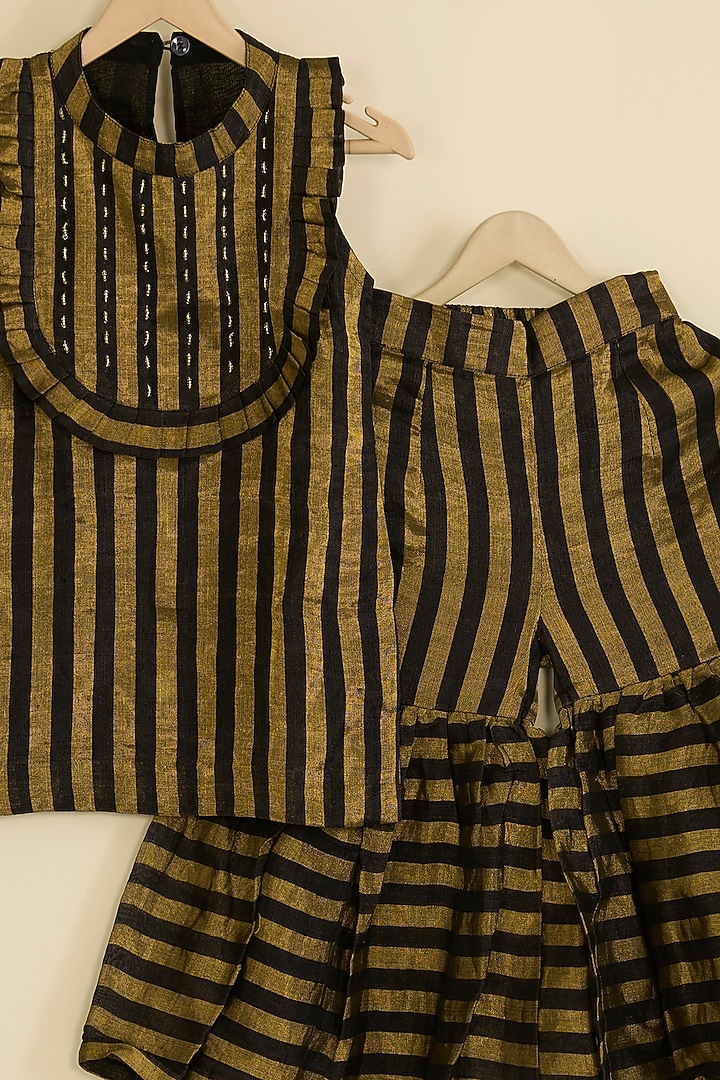 Black & Gold Handwoven Chanderi Stripe Sharara Set For Girls by Pixie at Pernia's Pop Up Shop