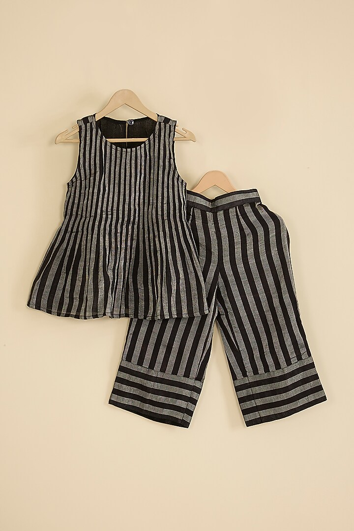 Black & Silver Handwoven Chanderi Stripe Kurta Set For Girls by Pixie at Pernia's Pop Up Shop