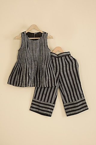 Black & Silver Handwoven Chanderi Stripe Kurta Set For Girls by Pixie