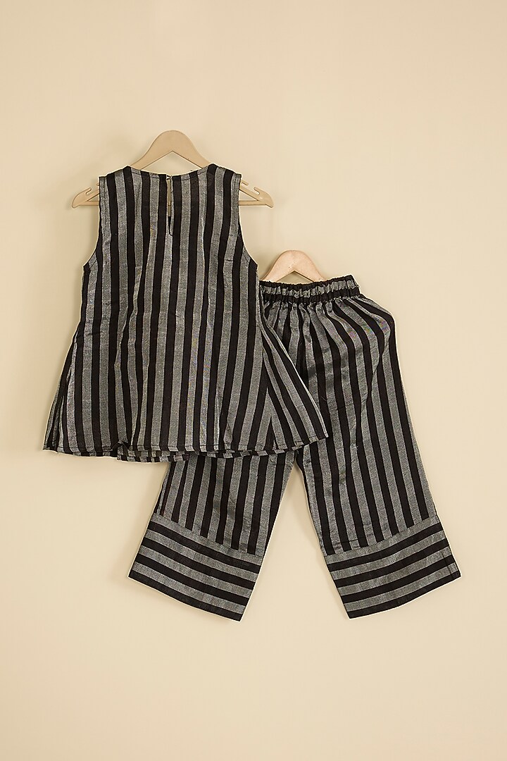 Black & Silver Handwoven Chanderi Stripe Kurta Set For Girls by Pixie at Pernia's Pop Up Shop