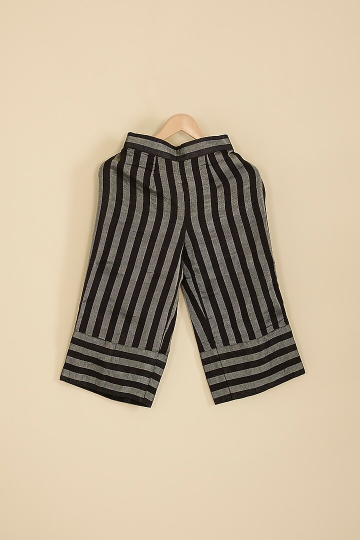 Black & Silver Handwoven Chanderi Stripe Kurta Set For Girls by Pixie at Pernia's Pop Up Shop