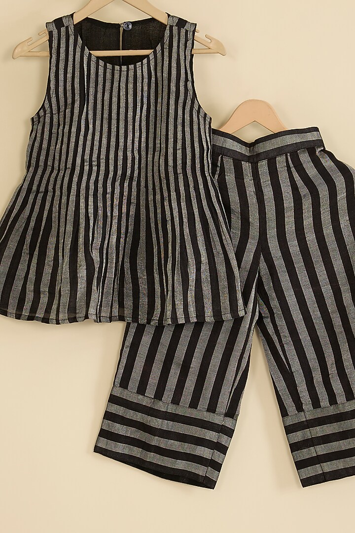 Black & Silver Handwoven Chanderi Stripe Kurta Set For Girls by Pixie at Pernia's Pop Up Shop
