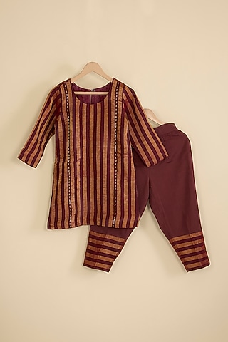 Red & Gold Handwoven Chanderi Stripe Kurta Set For Girls by Pixie
