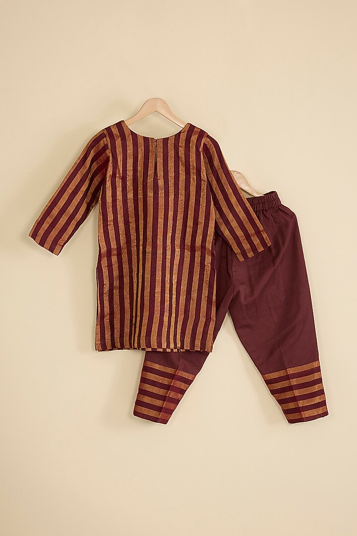 Red & Gold Handwoven Chanderi Stripe Kurta Set For Girls by Pixie at Pernia's Pop Up Shop