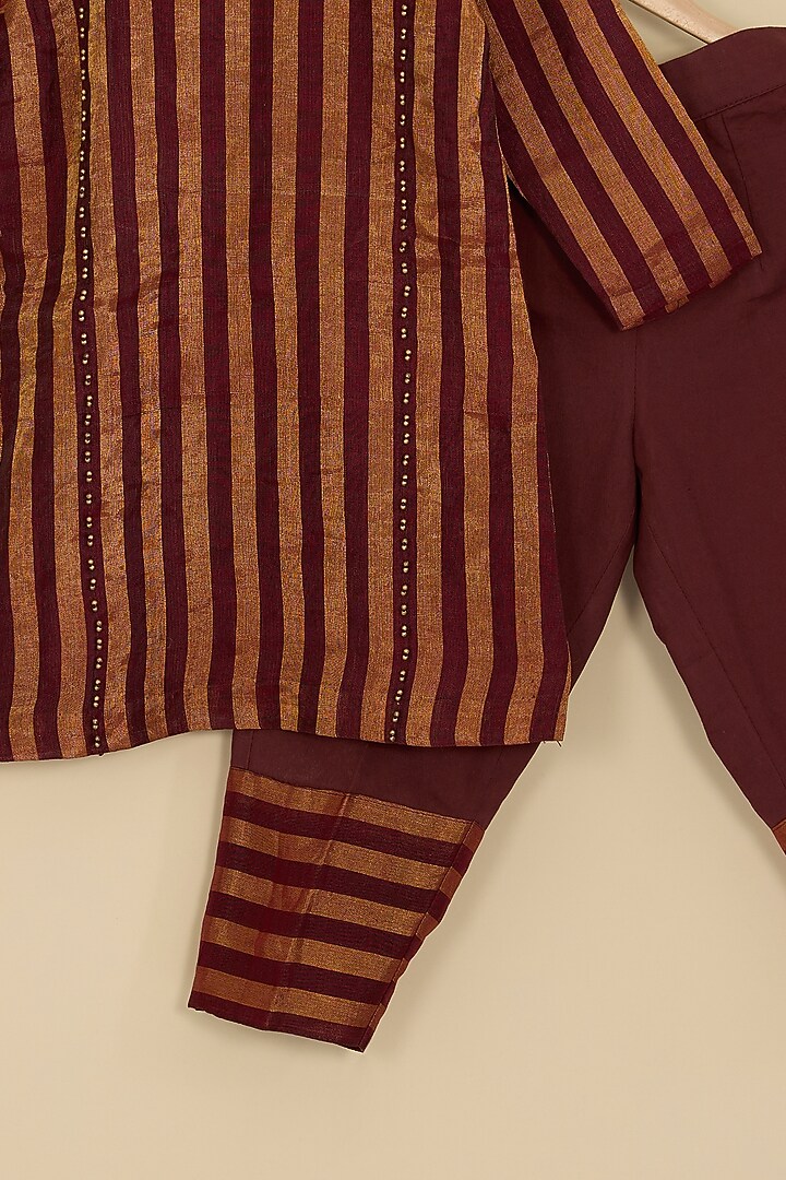 Red & Gold Handwoven Chanderi Stripe Kurta Set For Girls by Pixie at Pernia's Pop Up Shop
