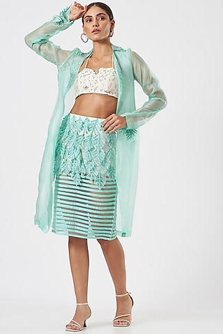 Green Organza Embellished Jacket Set by Piyanshu Bajaj