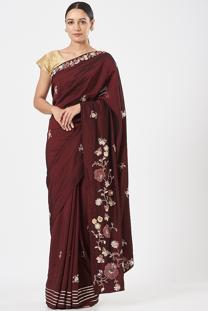 Maroon Silk Embellished Saree by Piyanshu Bajaj