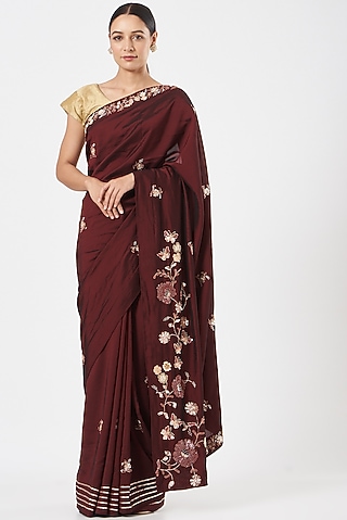 Maroon Silk Embellished Saree by Piyanshu Bajaj