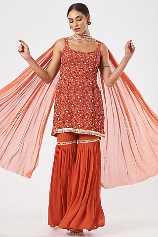 Fiery Red Georgette Sharara Set by Piyanshu Bajaj