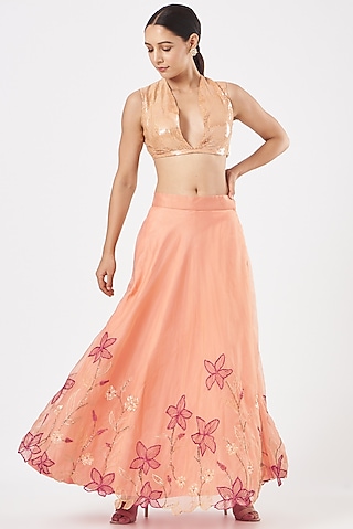 Peach Organza Embroidered Skirt Set by Piyanshu Bajaj