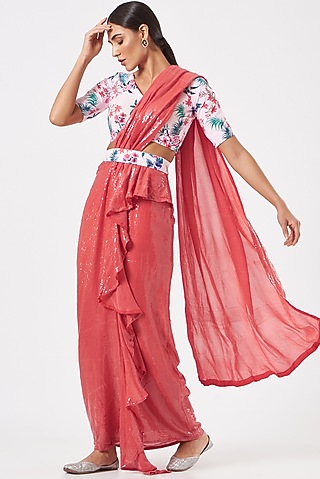 Raspberry Sequinned & Georgette Pre-Draped Saree Set by Piyanshu Bajaj