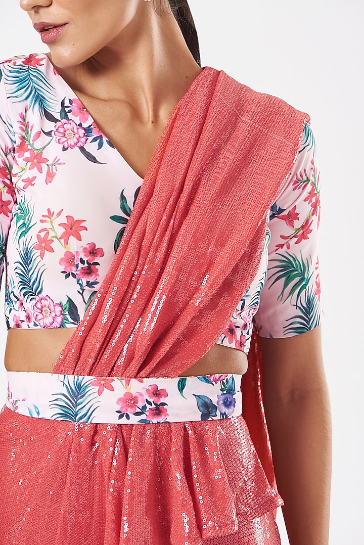 Raspberry Sequinned & Georgette Pre-Draped Party Wear Saree Set by Piyanshu Bajaj at Pernia's Pop Up Shop