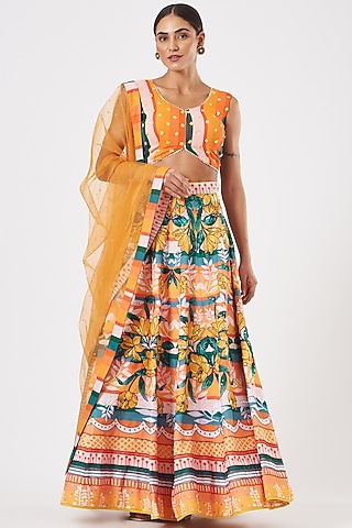 Sun Orange Printed Paneled Lehenga Set by Piyanshu Bajaj