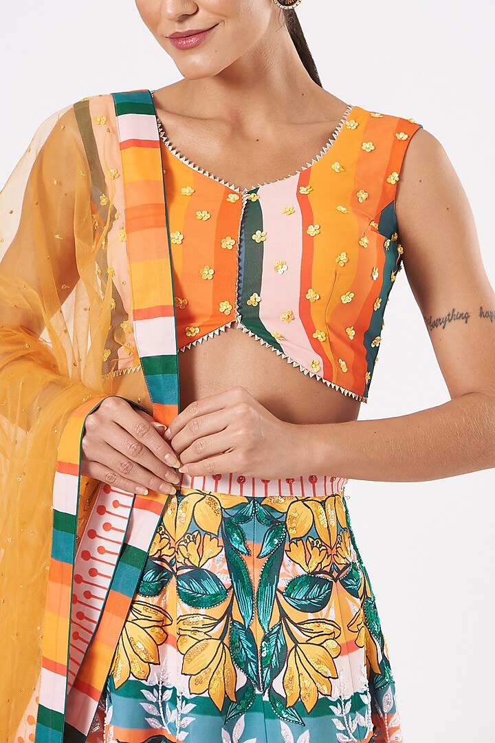 Sun Orange Printed Paneled Wedding Lehenga Set by Piyanshu Bajaj at Pernia's Pop Up Shop