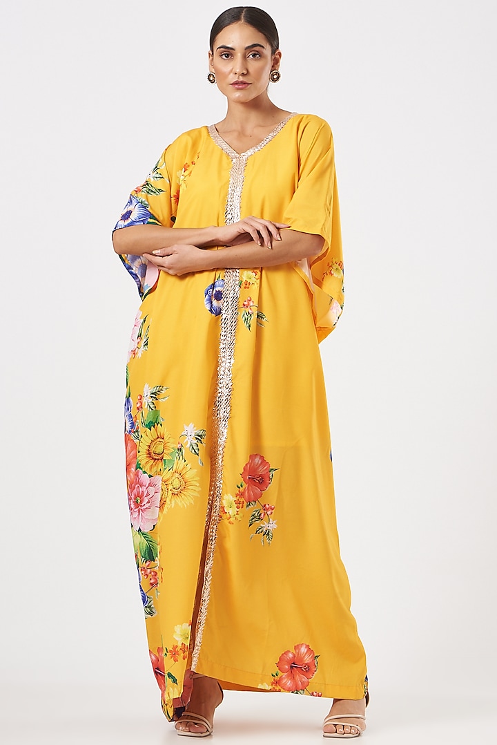 Citrus Yellow Printed Kaftan With Inner by Piyanshu Bajaj