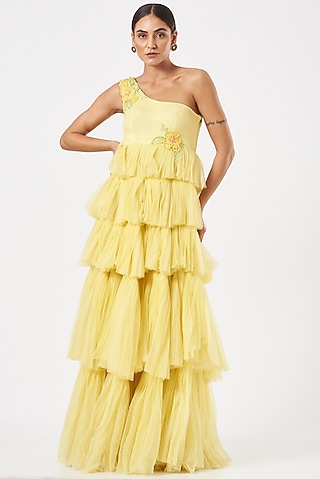 Yellow Embroidered Maxi Dress by Piyanshu Bajaj