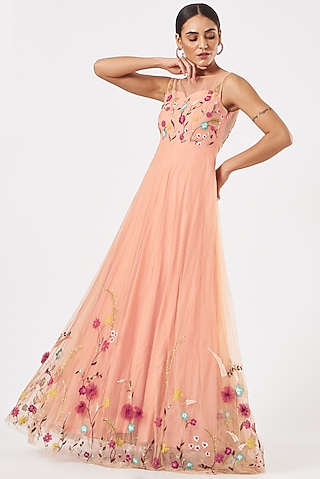 Peach Tulle Flared Gown by Piyanshu Bajaj