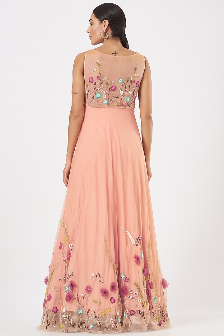 Peach Tulle Flared Engagement Gown by Piyanshu Bajaj at Pernia's Pop Up Shop