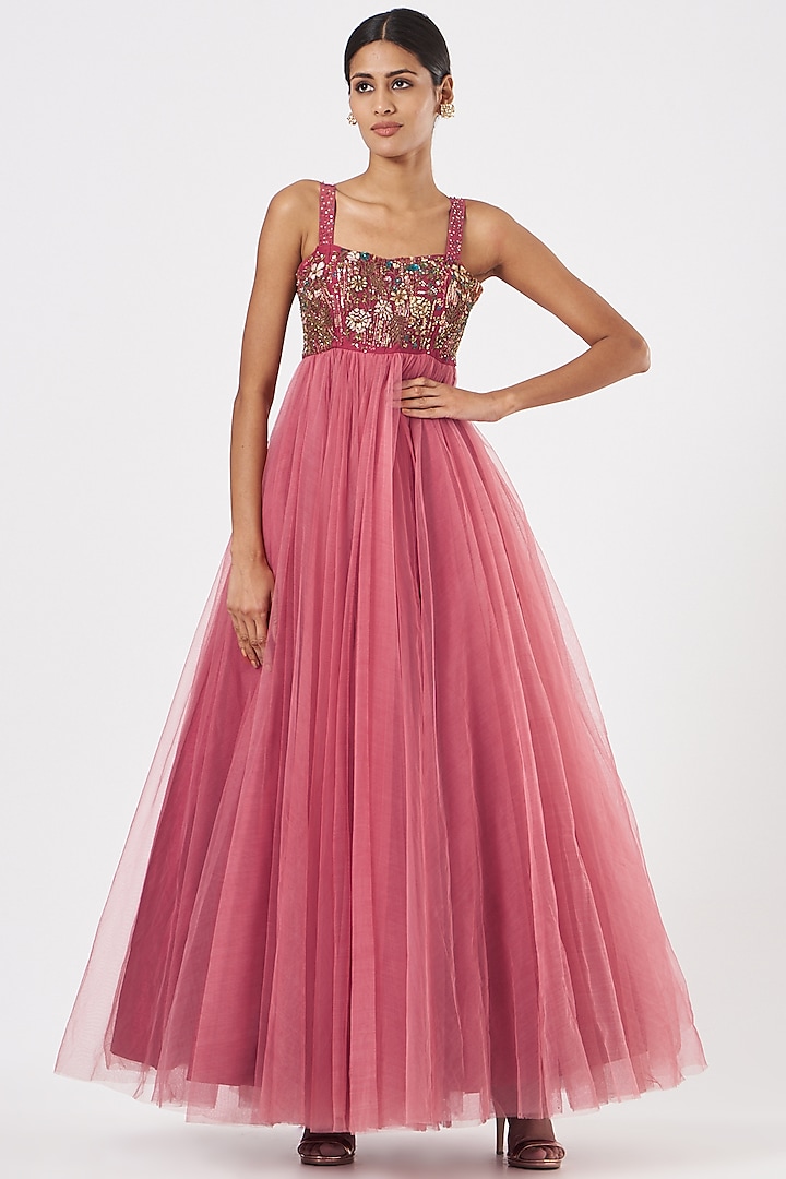 Pink Tulle Embroidered Gown by Piyanshu Bajaj