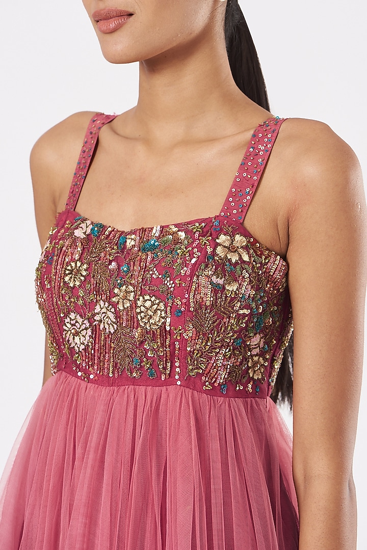 Pink Tulle Embroidered Engagement Gown by Piyanshu Bajaj at Pernia's Pop Up Shop