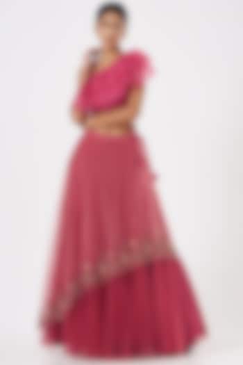 Pink Tulle Embroidered Skirt Set by Piyanshu Bajaj