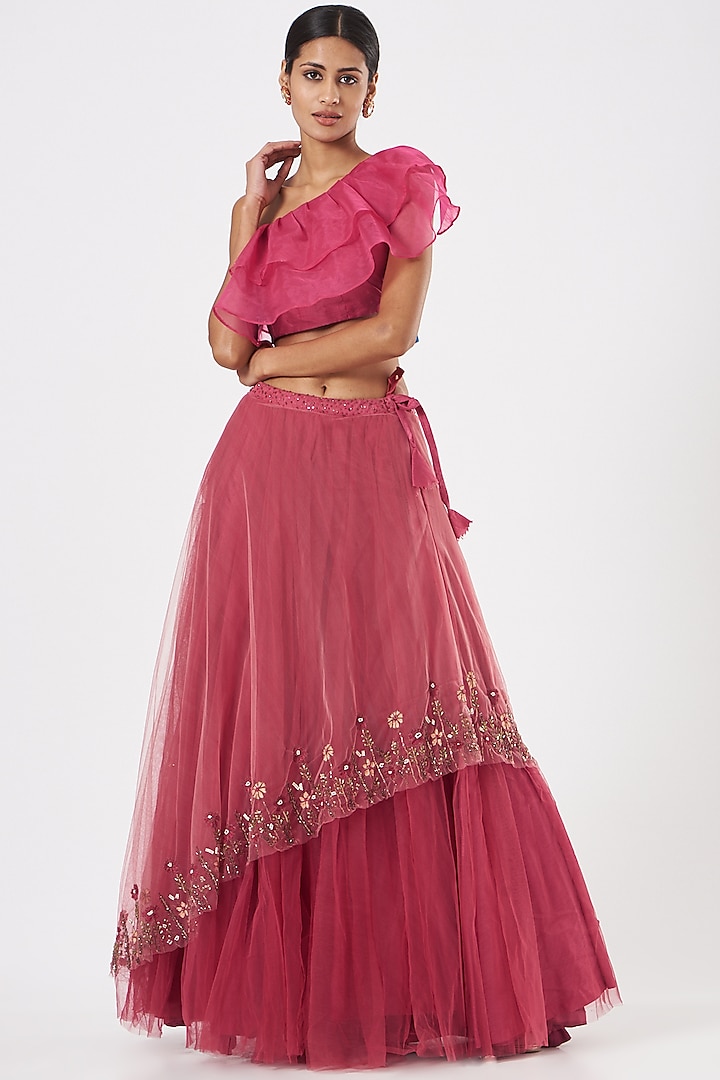 Pink Tulle Embroidered Skirt Set by Piyanshu Bajaj