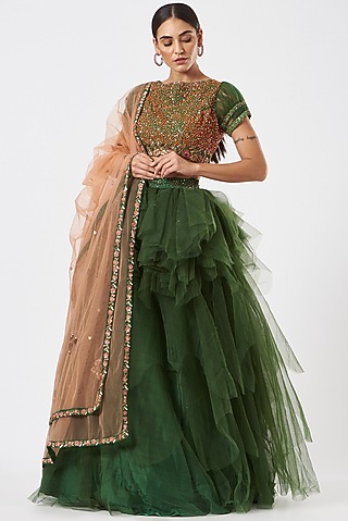 Green Tulle Embroidered Lehenga Set by Piyanshu Bajaj