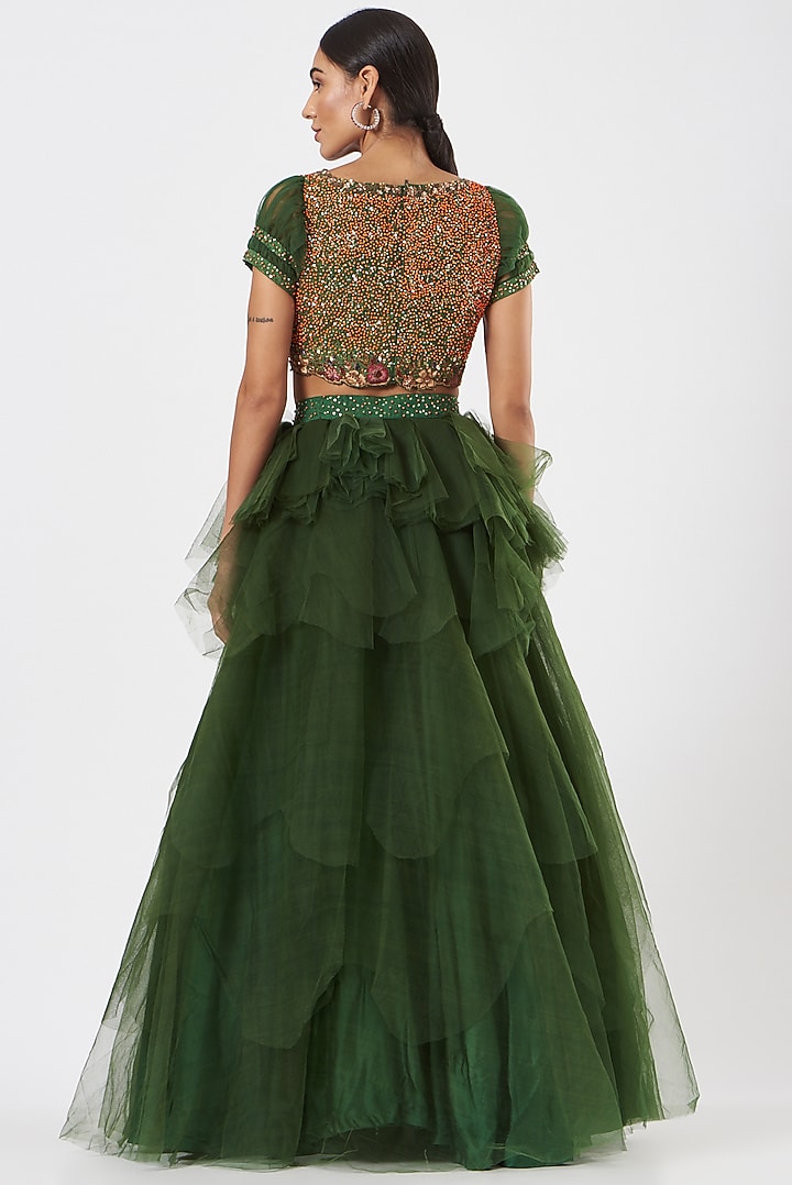 Green Tulle Embroidered Wedding Lehenga Set by Piyanshu Bajaj at Pernia's Pop Up Shop