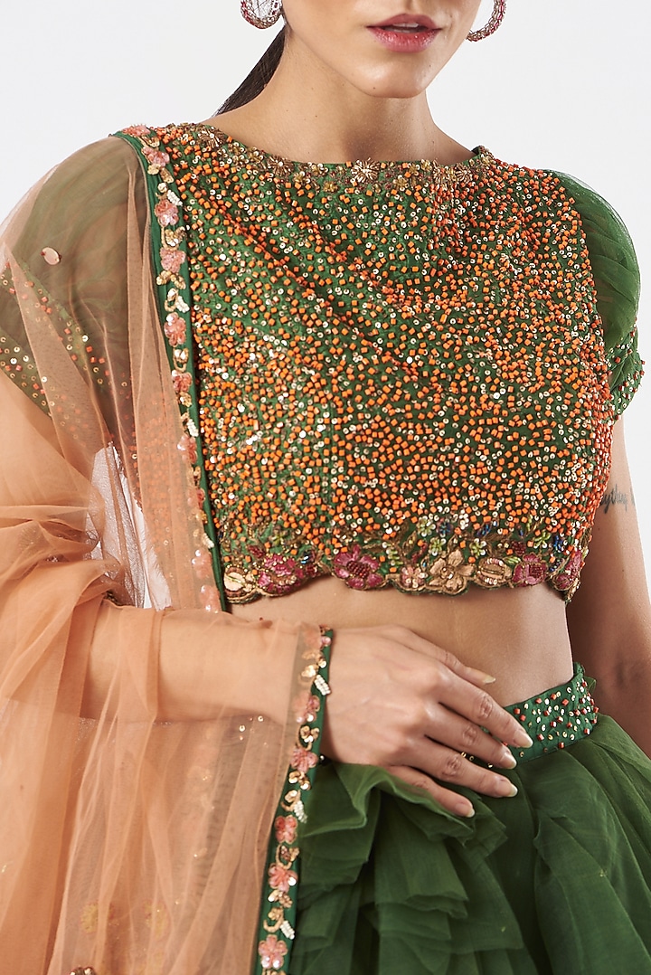 Green Tulle Embroidered Wedding Lehenga Set by Piyanshu Bajaj at Pernia's Pop Up Shop