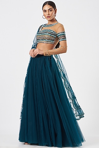 Blue Tulle Lehenga Set by Piyanshu Bajaj