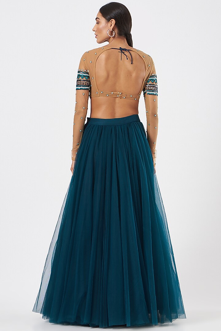 Blue Tulle Wedding Lehenga Set by Piyanshu Bajaj at Pernia's Pop Up Shop