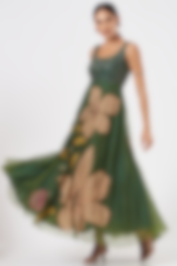 Green Floral Embroidered Gown by Piyanshu Bajaj